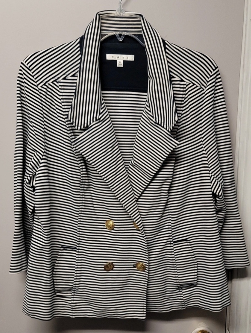 CAbi XL Jacket Nautical Blazer Navy & White Striped Double Breasted